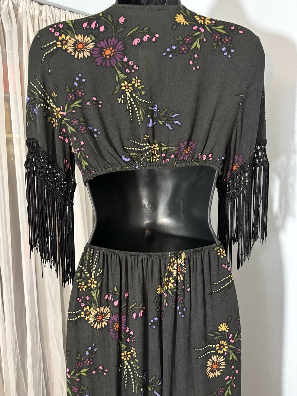 Honey Punch Black Maxi Dress - boho style with Multicolor Floral Embroidery - Picture 5 of 7